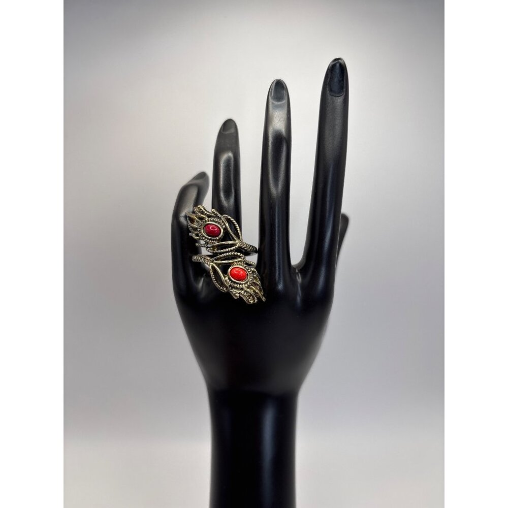 Fashion Bypass Feather Style Ring Antique Gold Tone Red Stone Size 7.5